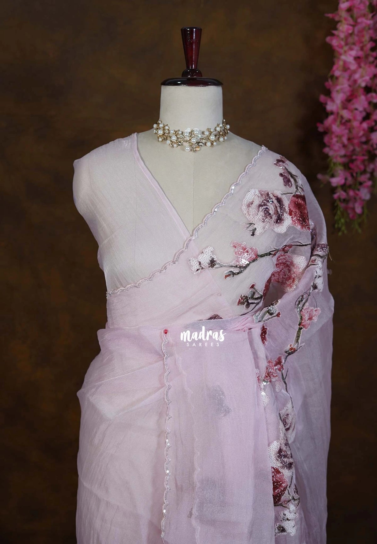 Frost Pink - Roshini - Pure Crushed Tissue Silk with Sequin Flower Embroidery Work And Scallop - Best for Evening Functions
