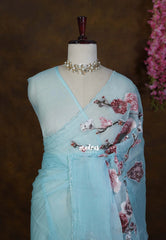 Creamy Sky Blue Roshini Pure Crushed Tissue Silk Saree with Sequin Floral Embroidery & Scallop Border