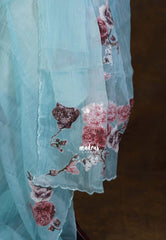 Creamy Sky Blue Roshini Pure Crushed Tissue Silk Saree with Sequin Floral Embroidery & Scallop Border