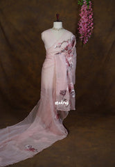 Powder Peach - Roshini - Pure Crushed Tissue Silk with Sequin Flower Embroidery Work And Scallop - Best for Evening Functions