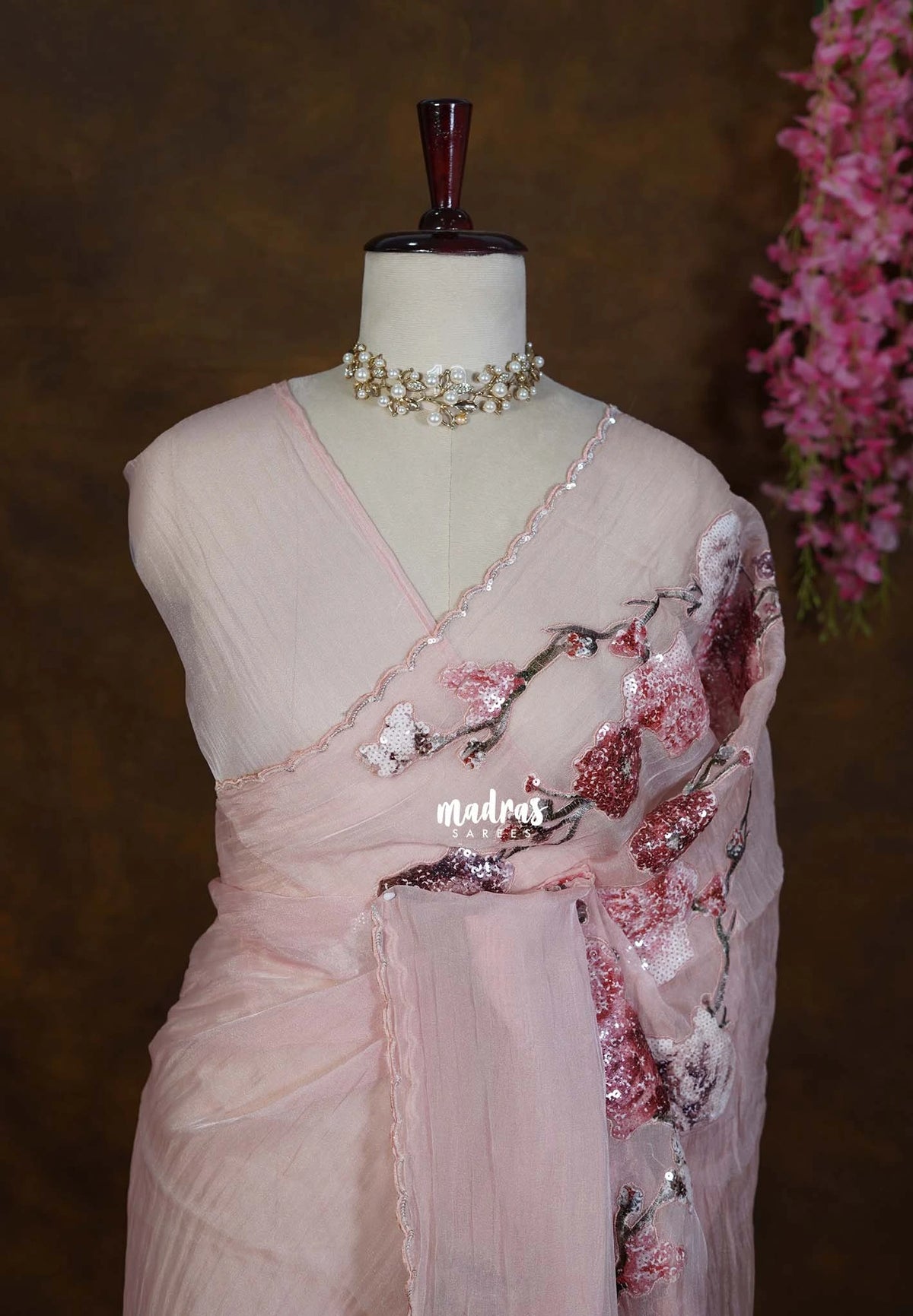 Powder Peach - Roshini - Pure Crushed Tissue Silk with Sequin Flower Embroidery Work And Scallop - Best for Evening Functions