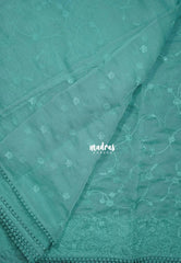 Soft Bluish Green - Roshini - Pure Tissue Organza Silk Floral Weaving Embroidery with Lace - Best for Evening Functions | Diwali Festive