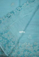 Creamy Sky Blue - Roshini - Pure Crushed Tissue Organza Cut Embroidery Pallu with Applique Work - Best for Evening Functions | Diwali Festive
