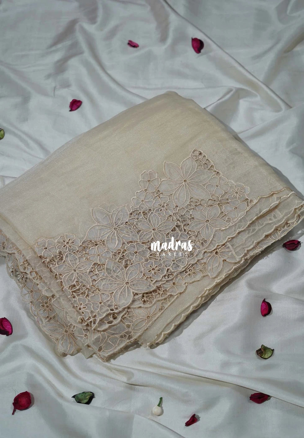 Taupe - Roshini - Pure Crushed Tissue Organza Cut Embroidery Pallu with Scallop Border - Best for Evening Functions | Diwali Festive