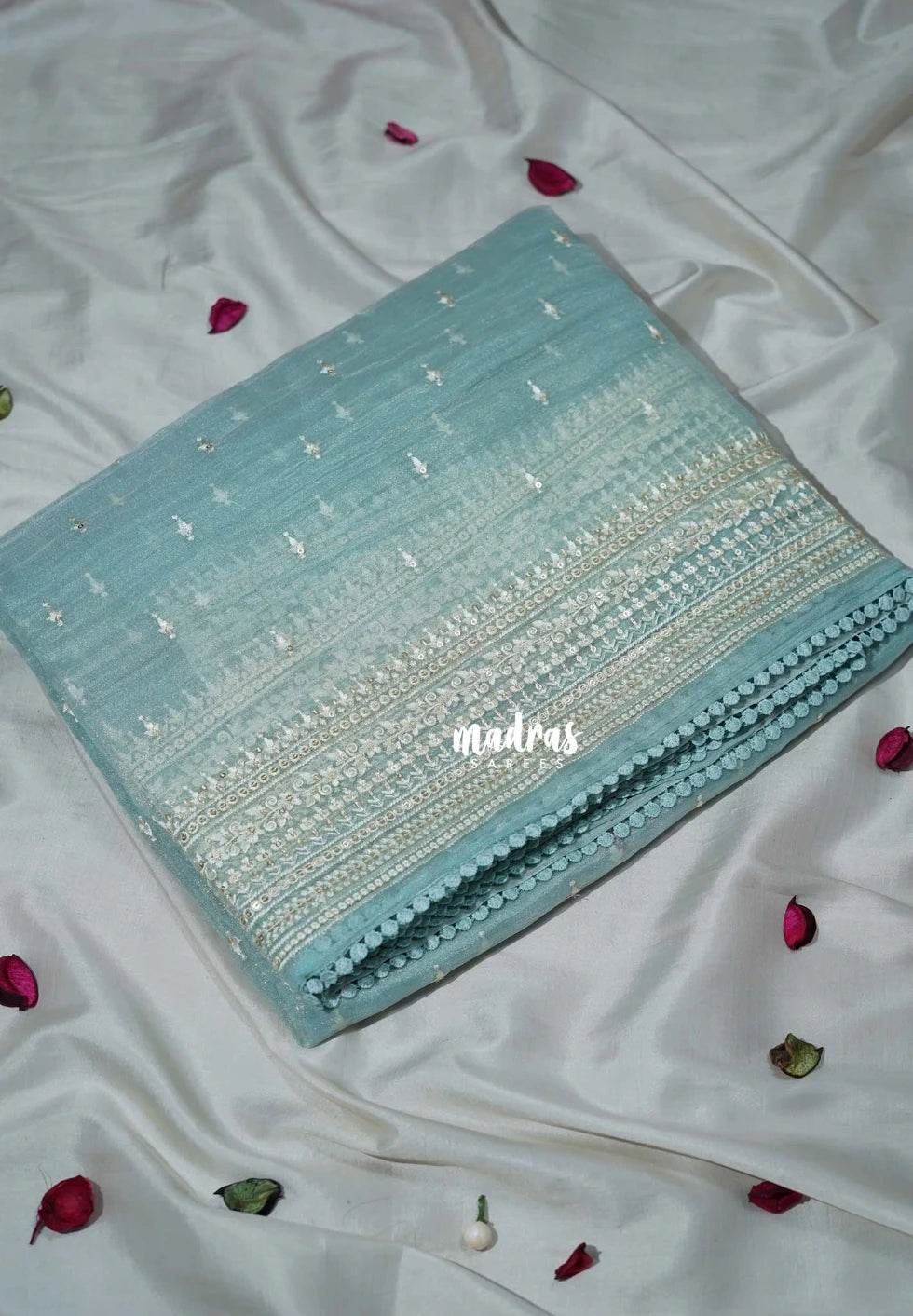 Muted Pastel Teal - Roshini - Pure Tissue Organza Silk Embroidery Border and Buttas with Shimmer & Lace - Best for Evening Functions | Diwali Festive