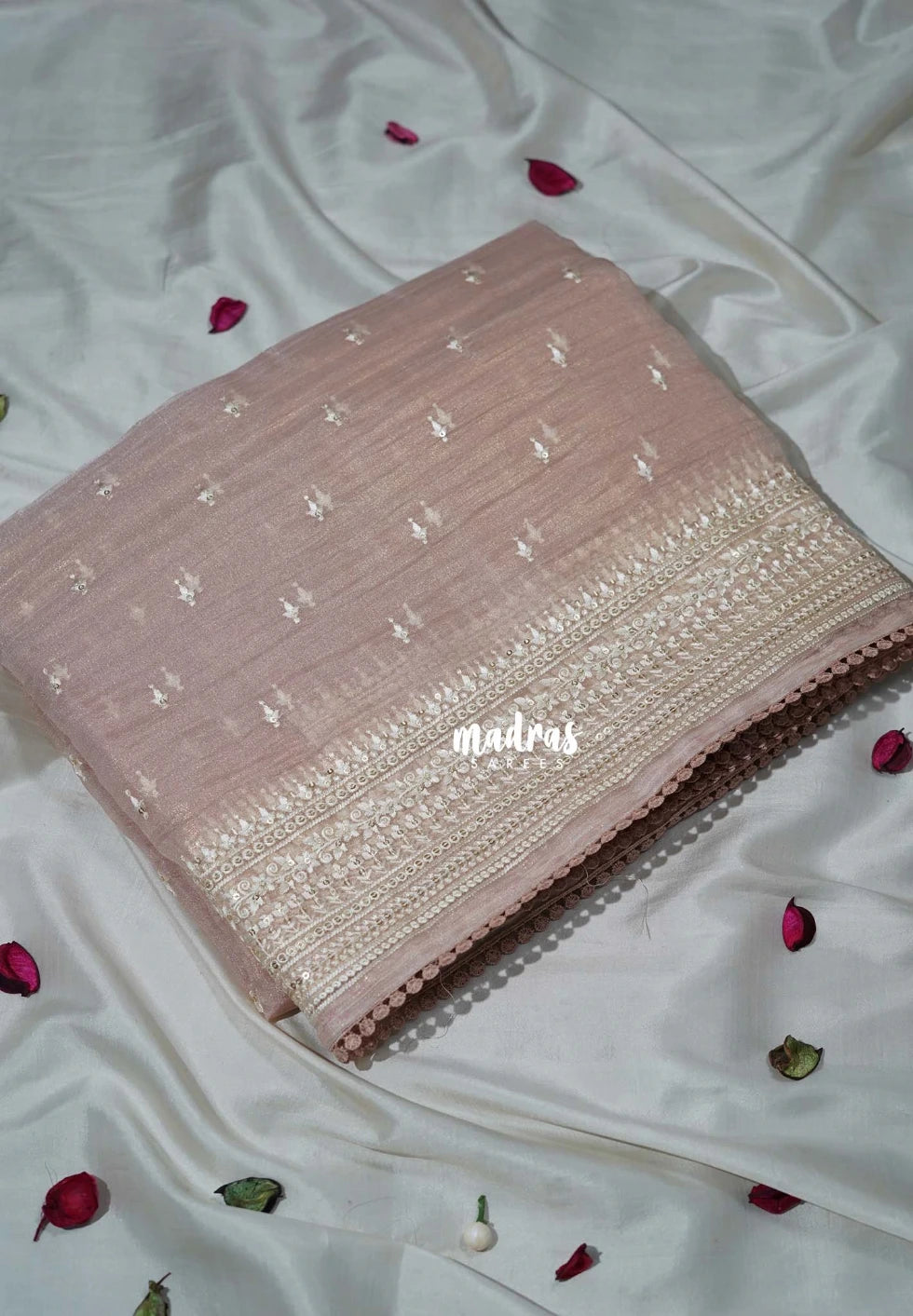 Muted Blush Pink - Roshini - Pure Tissue Organza Silk Embroidery Border and Buttas with Shimmer & Lace - Best for Evening Functions | Diwali Festive