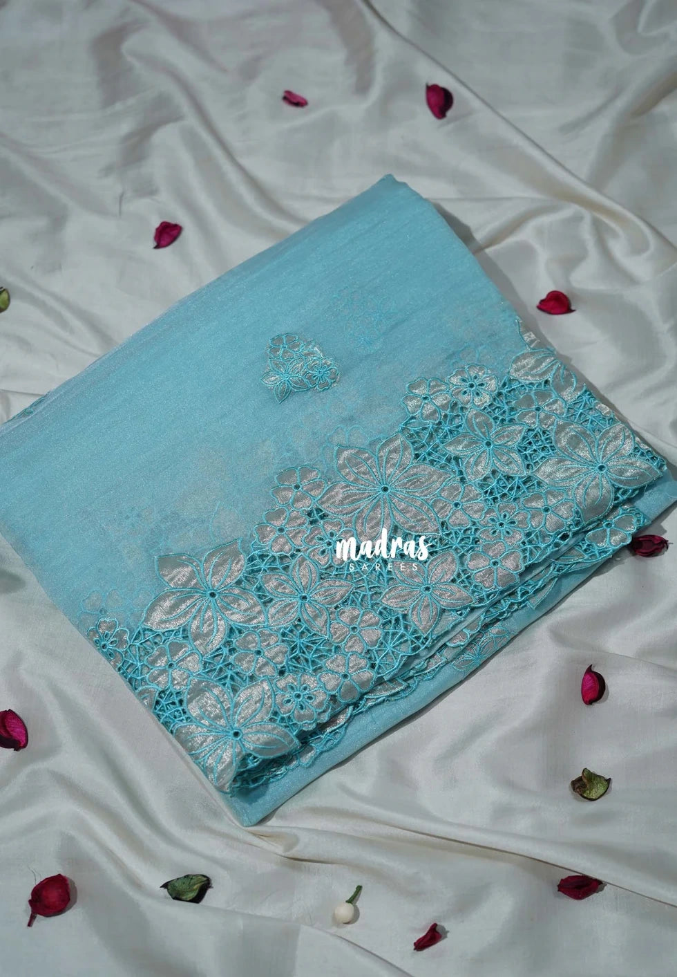 Creamy Sky Blue - Roshini - Pure Crushed Tissue Organza Cut Embroidery Pallu with Applique Work - Best for Evening Functions | Diwali Festive