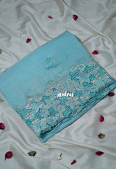 Creamy Sky Blue - Roshini - Pure Crushed Tissue Organza Cut Embroidery Pallu with Applique Work - Best for Evening Functions | Diwali Festive
