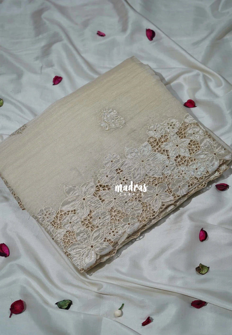 Taupe - Roshini - Pure Crushed Tissue Organza Cut Embroidery Pallu with Applique Work - Best for Evening Functions | Diwali Festive