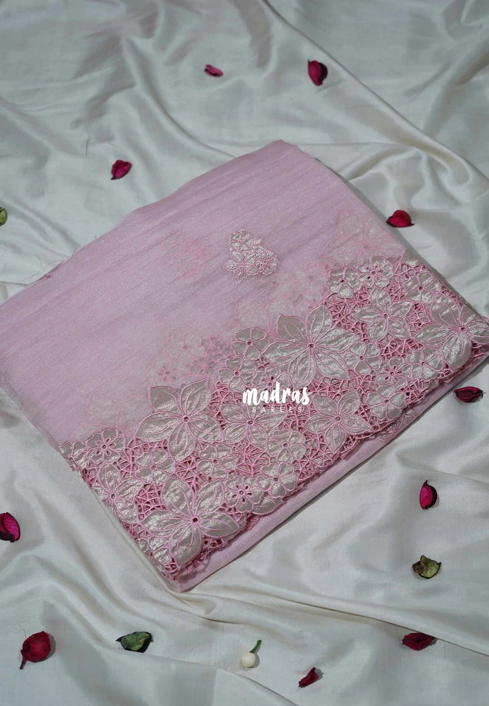 Frost Pink - Roshini - Pure Crushed Tissue Organza Cut Embroidery Pallu with Applique Work - Best for Evening Functions | Diwali Festive