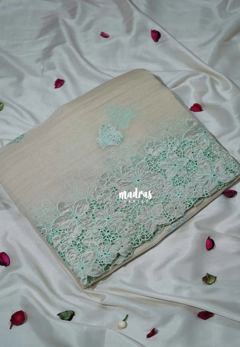 Muted Beige - Roshini - Pure Crushed Tissue Organza Cut Embroidery Pallu with Applique Work - Best for Evening Functions | Diwali Festive