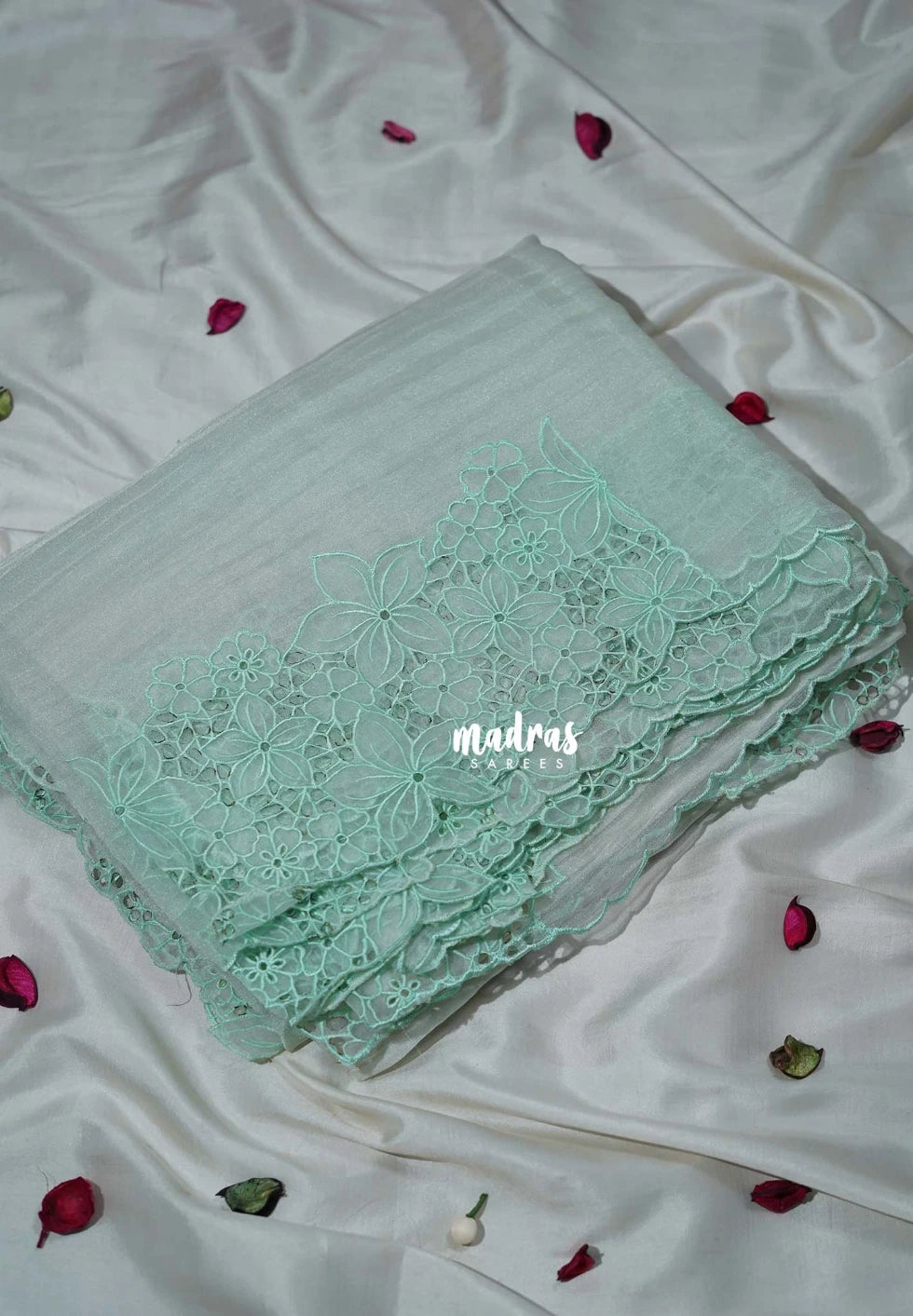 Pastel Mint Green - Roshini - Pure Crushed Tissue Organza Cut Embroidery Pallu with Scallop Border - Best for Evening Functions | Diwali Festive