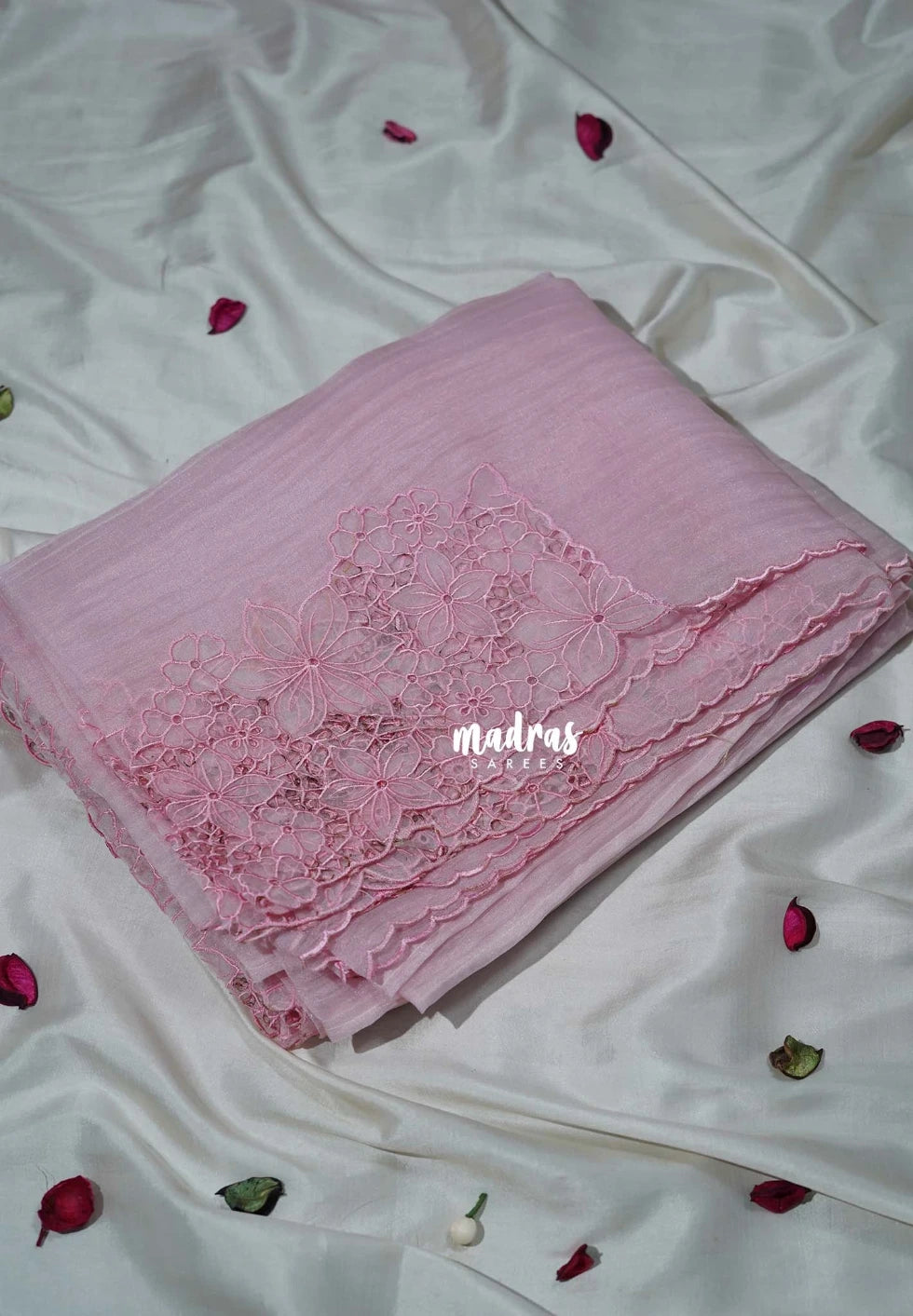 Creamy Pink - Roshini - Pure Crushed Tissue Organza Cut Embroidery Pallu with Scallop Border - Best for Evening Functions | Diwali Festive