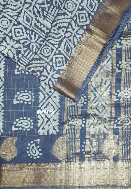 Misty Blue-Grey - Rudra - Traditional Munga silk with checks weaving