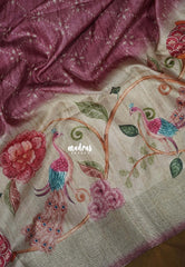 Onion Pink - Rukmani - Premium Tussar Silk with Big Floral Border - Perfect for Office Wear