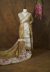 Olive Tone - Rukmani - Premium Tussar Silk with Big Floral Border - Perfect for Office Wear