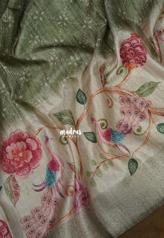 Seafoam Green - Rukmani - Premium Tussar Silk with Big Floral Border - Perfect for Office Wear