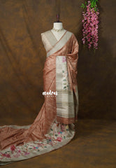 Earthy Brown - Rukmani - Premium Tussar Silk with Big Floral Border - Perfect for Office Wear