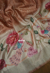 Earthy Brown - Rukmani - Premium Tussar Silk with Big Floral Border - Perfect for Office Wear