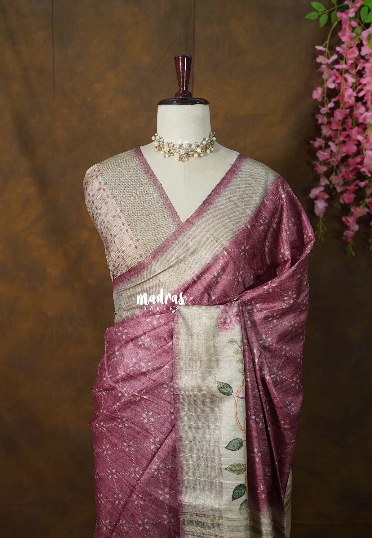 Onion Pink - Rukmani - Premium Tussar Silk with Big Floral Border - Perfect for Office Wear