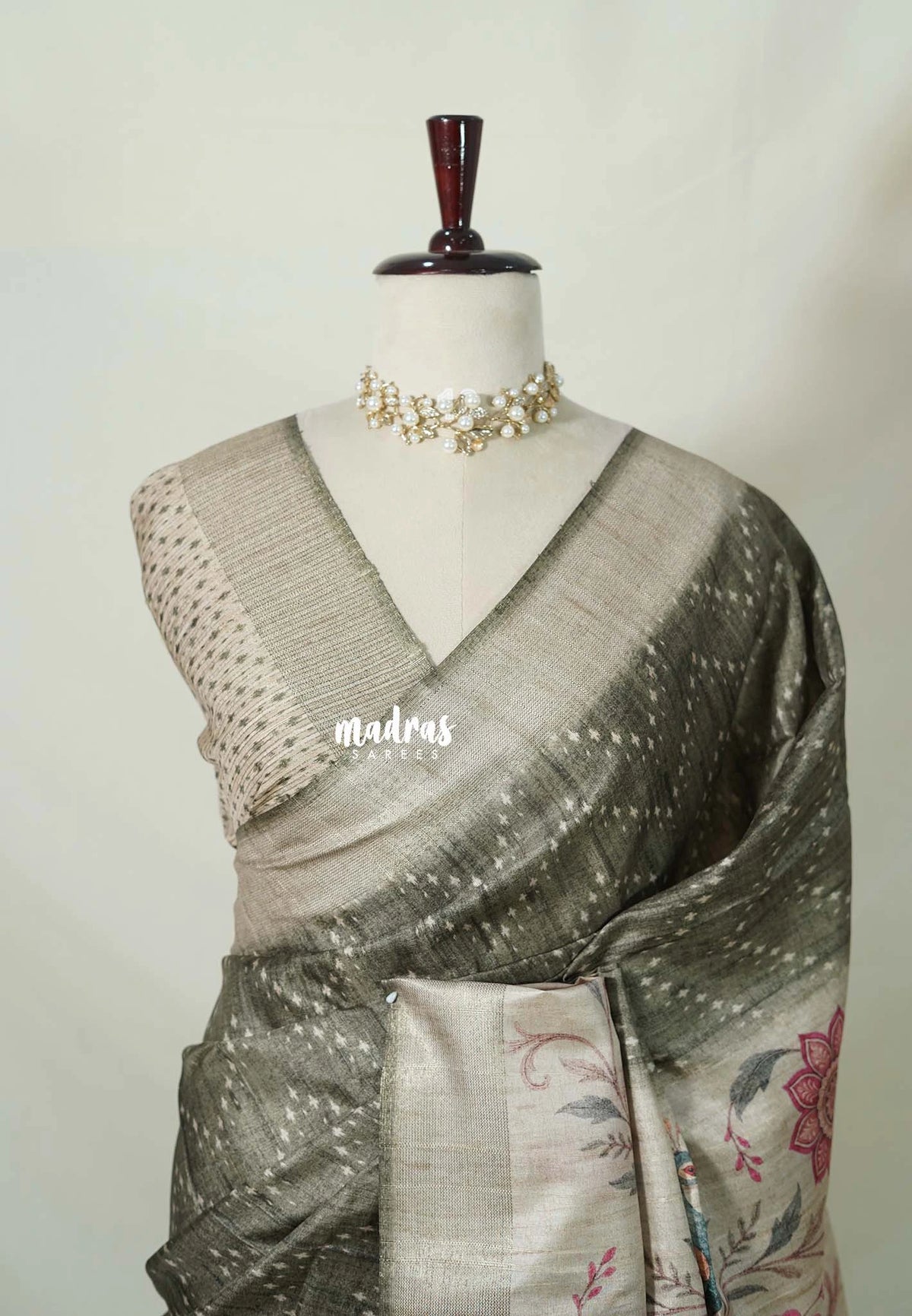 Olive Grey - Rukmani - Premium Tussar Silk with Peacock Border - Perfect for Meetings | Reception | Tea Party