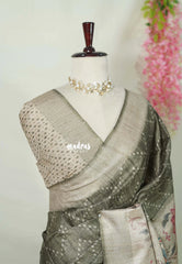 Olive Grey - Rukmani - Premium Tussar Silk with Peacock Border - Perfect for Meetings | Reception | Tea Party