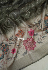 Olive Grey - Rukmani - Premium Tussar Silk with Peacock Border - Perfect for Meetings | Reception | Tea Party