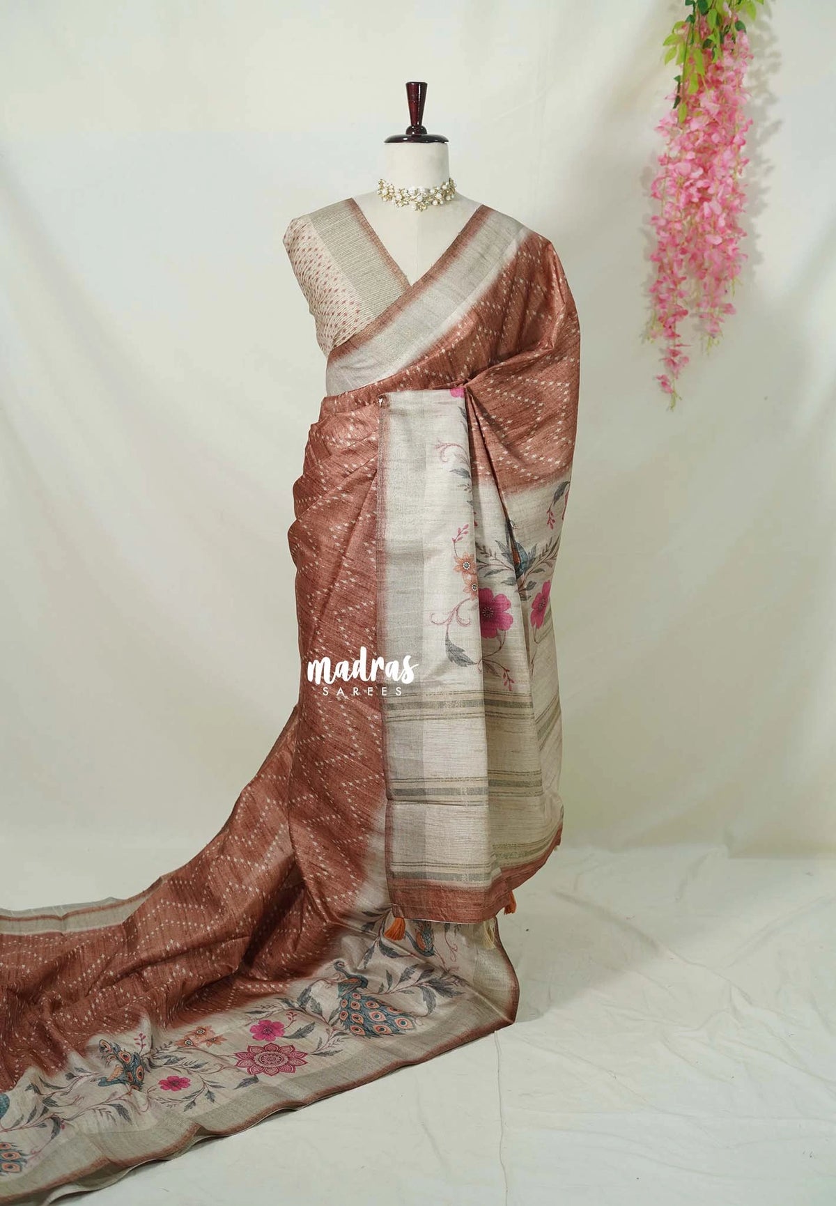 Peach Brown - Rukmani - Premium Tussar Silk with Peacock Border - Perfect for Meetings | Reception | Tea Party