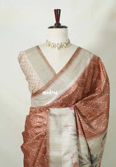 Peach Brown - Rukmani - Premium Tussar Silk with Peacock Border - Perfect for Meetings | Reception | Tea Party