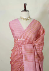 Blush Pink - Rukmani - Premium Tussar Silk Saree with Checks Weaving - Perfect for tea party
