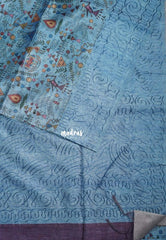 Muted Peacock Blue - Rukmani - Premium Tussar Silk with Embroidery Border and Warli Prints  - Best for Evening Functions | Casual Occasions