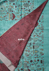 Muted Aqua Green - Rukmani - Premium Tussar Silk with Embroidery Border and Warli Prints  - Best for Evening Functions | Casual Occasions