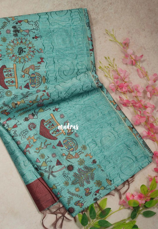 Muted Aqua Green - Rukmani - Premium Tussar Silk with Embroidery Border and Warli Prints  - Best for Evening Functions | Casual Occasions