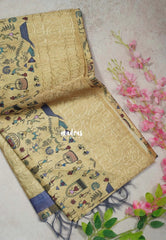 Muted Sandal - Rukmani - Premium Tussar Silk with Embroidery Border and Warli Prints  - Best for Evening Functions | Casual Occasions