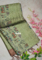 Sage Green - Rukmani - Premium Tussar Silk with Embroidery Border and Warli Prints  - Best for Evening Functions | Casual Occasions