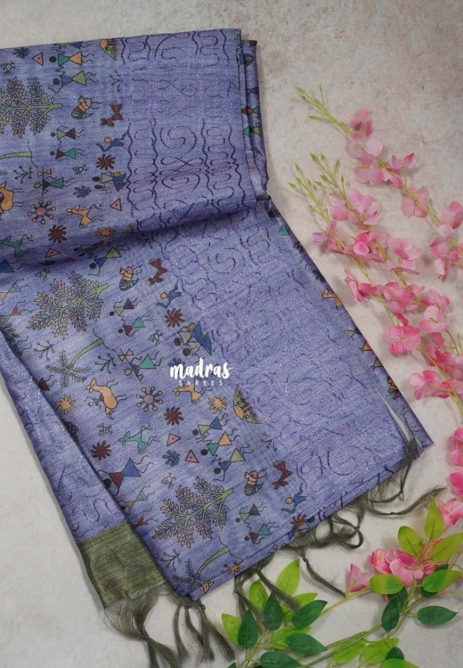 Muted Lilac Purple - Rukmani - Premium Tussar Silk with Embroidery Border and Warli Prints  - Best for Evening Functions | Casual Occasions