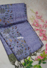 Muted Lilac Purple - Rukmani - Premium Tussar Silk with Embroidery Border and Warli Prints  - Best for Evening Functions | Casual Occasions