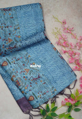 Muted Peacock Blue - Rukmani - Premium Tussar Silk with Embroidery Border and Warli Prints  - Best for Evening Functions | Casual Occasions