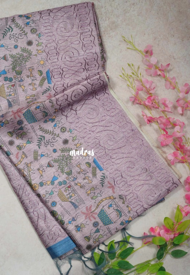Mauve Onion Pink - Rukmani - Premium Tussar Silk with Embroidery Border and Warli Prints  - Best for Evening Functions | Casual Occasions