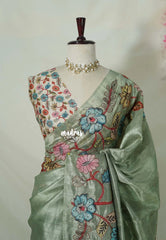 Greyish Green - Rukmani - Premium Tussar Silk with Pen Kalamkari Patch Work Floral Motif - Perfect for Small Functions