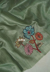 Greyish Green - Rukmani - Premium Tussar Silk with Pen Kalamkari Patch Work Floral Motif - Perfect for Small Functions
