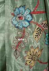 Greyish Green - Rukmani - Premium Tussar Silk with Pen Kalamkari Patch Work Floral Motif - Perfect for Small Functions