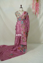 Mauve Pink - Rukmani - Premium Tussar Silk with Pen Kalamkari Patch Work Floral Motif - Perfect for Small Functions