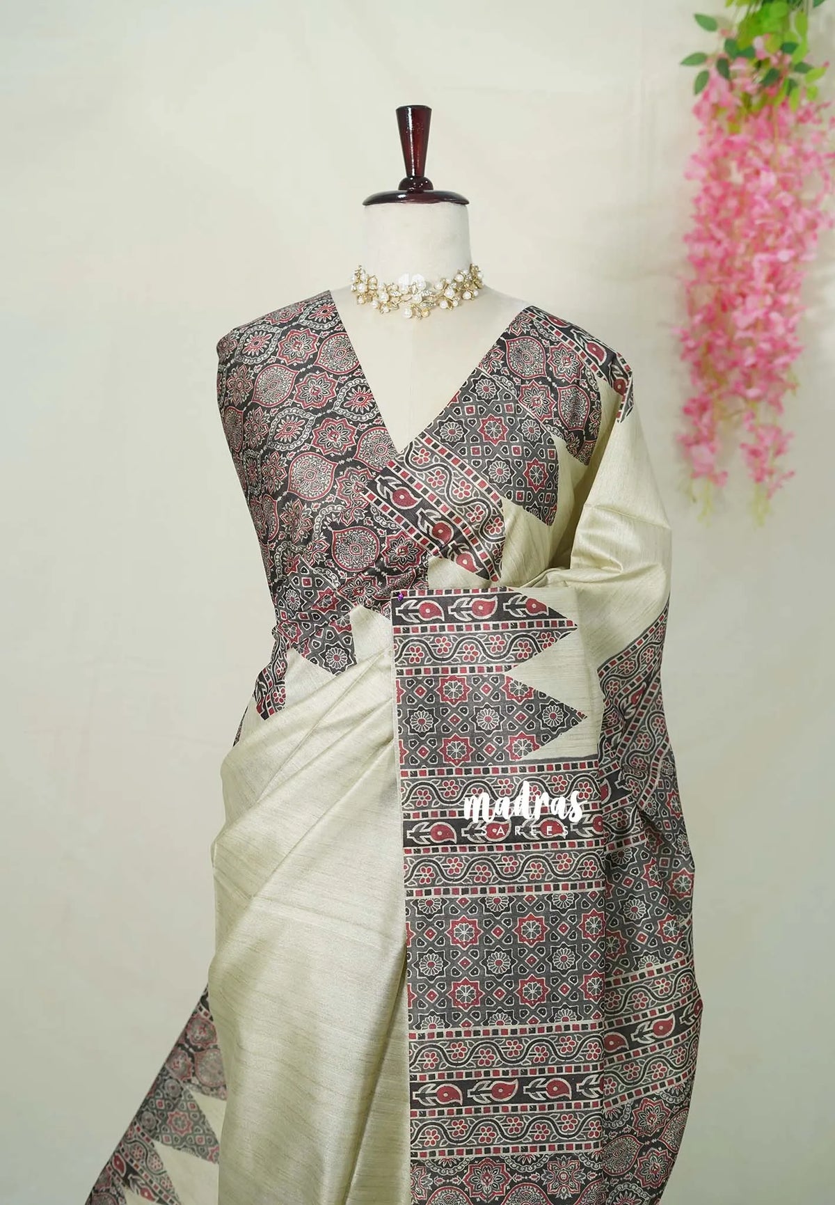 Taupe Grey - Rukmani - Premium Tussar Silk with Ajrakh Pallu and Blouse   - Perfect for Office Wear