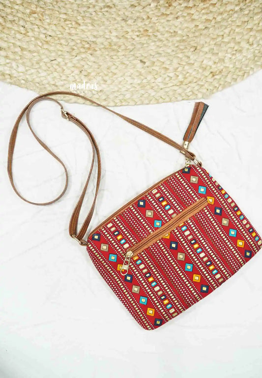 Trendy small daily use sling bag / Purse - Red ikkat prints