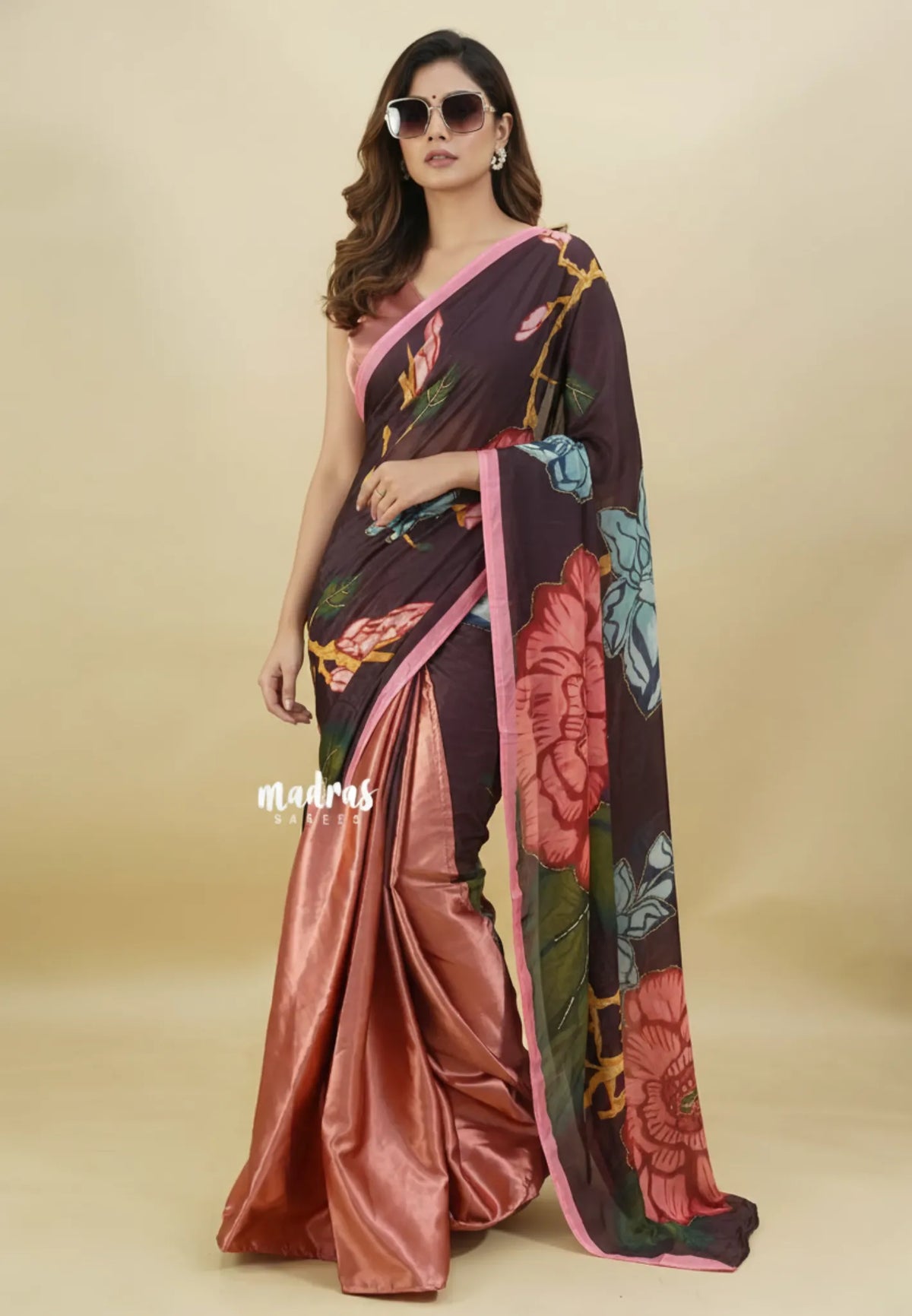 Candle Light Peach with Brown - Satin Hand Embroidered Beaded Partly Pallu Saree - Best for Reception, Engagement Functions