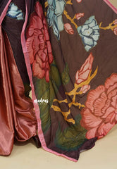 Candle Light Peach with Brown - Satin Hand Embroidered Beaded Partly Pallu Saree - Best for Reception, Engagement Functions