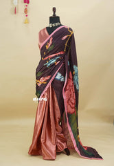 Candle Light Peach with Brown - Satin Hand Embroidered Beaded Partly Pallu Saree - Best for Reception, Engagement Functions