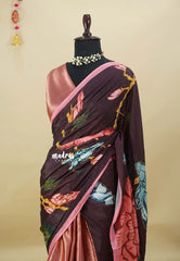 Candle Light Peach with Brown - Satin Hand Embroidered Beaded Partly Pallu Saree - Best for Reception, Engagement Functions