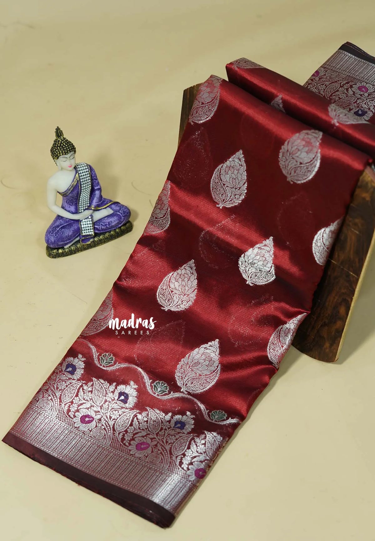 Majestic Maroon - Durga - Banarasi Semi Dupion silk with Silver Zari Buttas and Border - Best for Function Wear